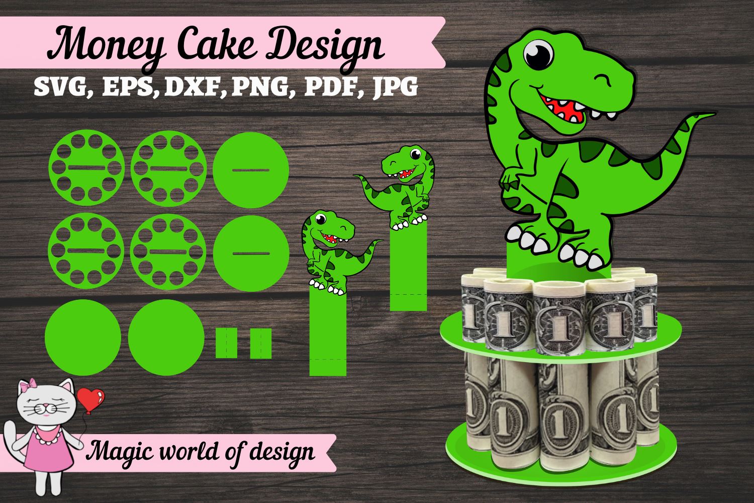 Dinosaur money cake svg, money card svg, 3d papercraft - So Fontsy