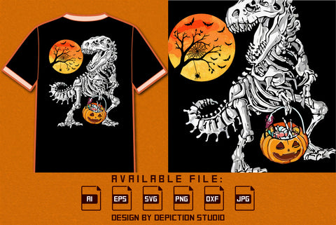 Dinosaur Skelton Halloween Vintage T-Shirt, Halloween Pumpkin Candy Shirt, Halloween Sun Shirt, Halloween Tree Silhouette Shirt Print Template SVG Depiction Studio 