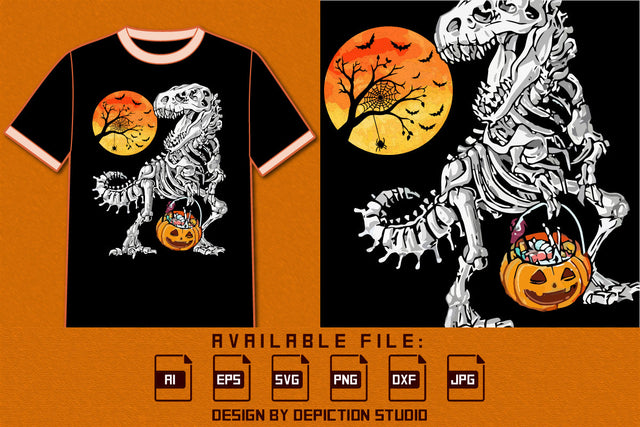 Dinosaur Skelton Halloween Vintage T-Shirt, Halloween Pumpkin Candy Shirt, Halloween Sun Shirt, Halloween Tree Silhouette Shirt Print Template SVG Depiction Studio 