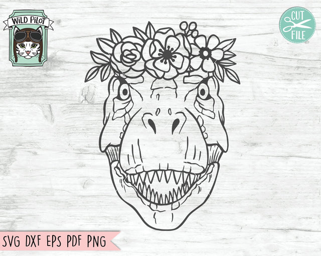 Dinosaur SVG file, T-Rex with Flower Crown SVG, Tyrannosaurus Rex cut file, Dinosaur Face SVG, Floral Crown SVG, Dinosaur with Flowers on Head SVG, Trex SVG SVG Wild Pilot 