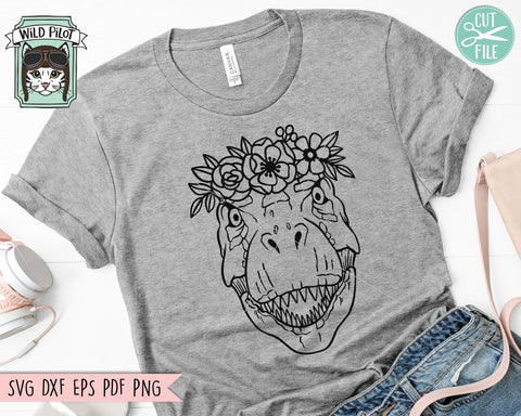 Dinosaur SVG file, T-Rex with Flower Crown SVG, Tyrannosaurus Rex cut file, Dinosaur Face SVG, Floral Crown SVG, Dinosaur with Flowers on Head SVG, Trex SVG SVG Wild Pilot 
