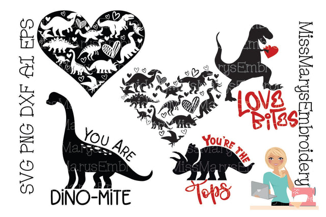 Dinosaur Valentine's Day SVG Bundle | Dino SVG | Valentine Dino SVG | Cutting File | SVG MissMarysEmbroidery 