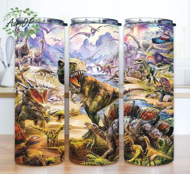Dinosaur Volcano 20 oz Tumbler Wrap,Prehistory Dinosaurs Tumbler Template,Dino Fighting Tumbler Wrap PNG Download,Aesthetic Tumbler For Boys Sublimation AdriOP 