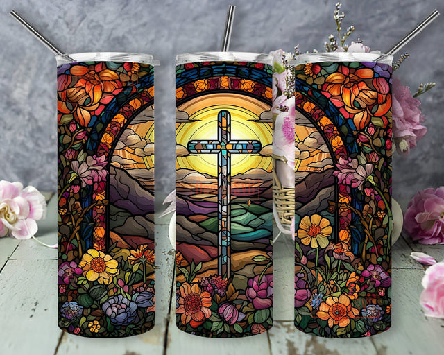 Distant Cross On A Hill Religious 20oz Skinny Tumbler Png, Cross Flowers Tumbler, Bible Verse Tumbler Wrap Png, Cross Tumbler Wrap Png Sublimation DesignSVG 