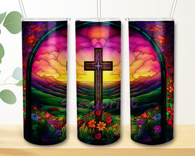 Distant Cross On A Hill Religious 20oz Skinny Tumbler Png, Cross Flowers Tumbler, Bible Verse Tumbler Wrap Png, Cross Tumbler Wrap Png Sublimation sassyprint 
