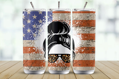 Distressed American Flag Mom Bun Hair 20 0z Tumbler Wrap Sublimation MockupSvgVenue 