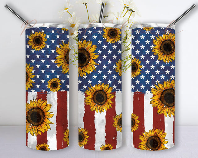 Distressed American Flag With Sunflowers 20oz Skinny Tumbler Png, American Flag Png, USA Tumbler Png, Sunflower 4th of July Png Print Wrap Sublimation PixelChick 