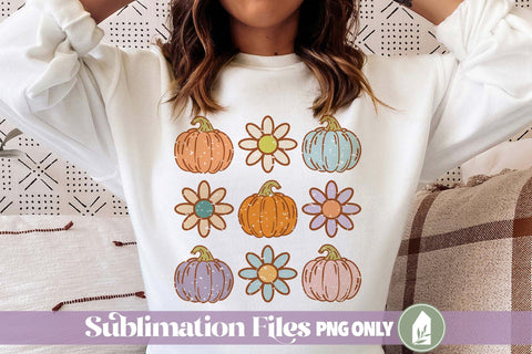 Distressed Retro Pumpkins and Daisies PNG for Sublimation, Muted Pastel Colors Sublimation LilleJuniper 