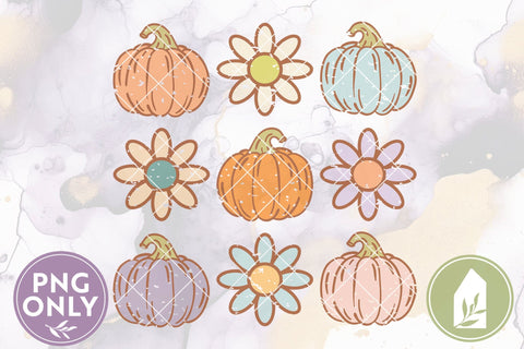 Distressed Retro Pumpkins and Daisies PNG for Sublimation, Muted Pastel Colors Sublimation LilleJuniper 