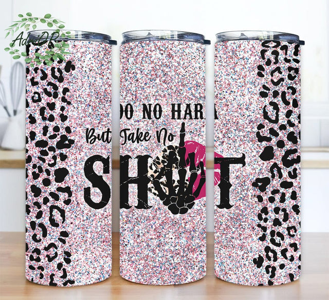 Do No Harm But Take No Shit 20oz Skinny Tumbler Png, Sarcastic Adult Humor Leopard Skull Tumbler, Glitter Skeleton Hands and Leopard Print Lips Tumbler Sublimation AdriOP 