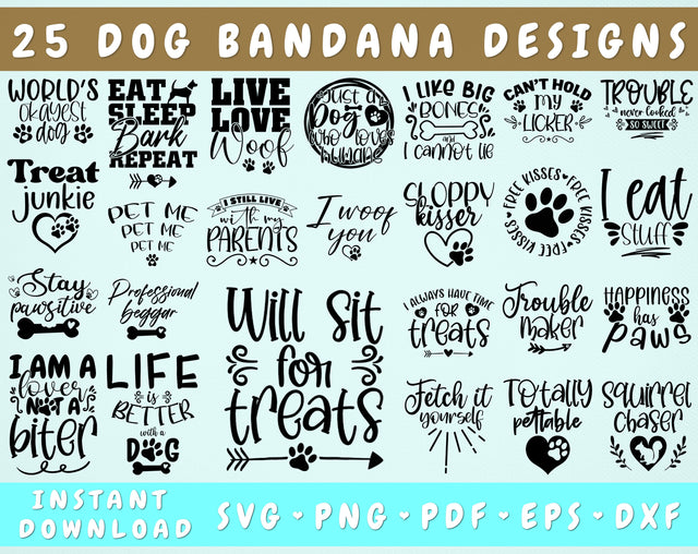 Dog Bandana SVG Bundle, 25 Designs, Funny Dog Bandana SVG Cut Files, Dog Quotes SVG, Live Love Woof SVG SVG HappyDesignStudio 