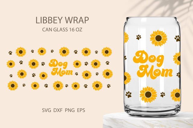 Dog mom libbey glass wrap, Sunflower dog paw can glass wrap svg SVG KMarinaDesign 