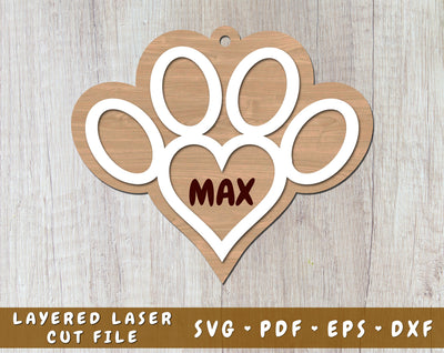 Dog Paw Heart Laser SVG Cut File, Personalizable Dog Print Laser SVG SVG HappyDesignStudio 