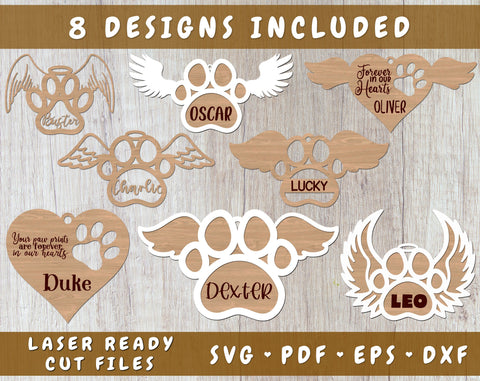 Dog Paw Memorial Laser SVG Cut Files, Personalizable Dog Paw Angel Wings SVG, Forever In Our Hearts SVG, 8 Designs SVG HappyDesignStudio 