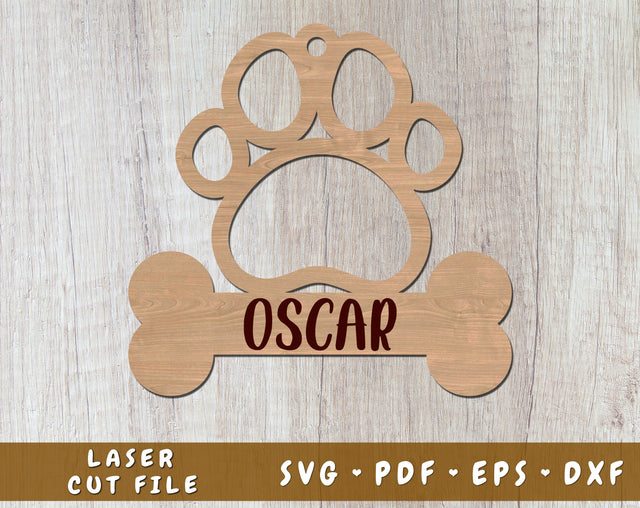 Dog Paw With Bone Laser SVG Cut File, Personalizable Dog Print Laser SVG SVG HappyDesignStudio 
