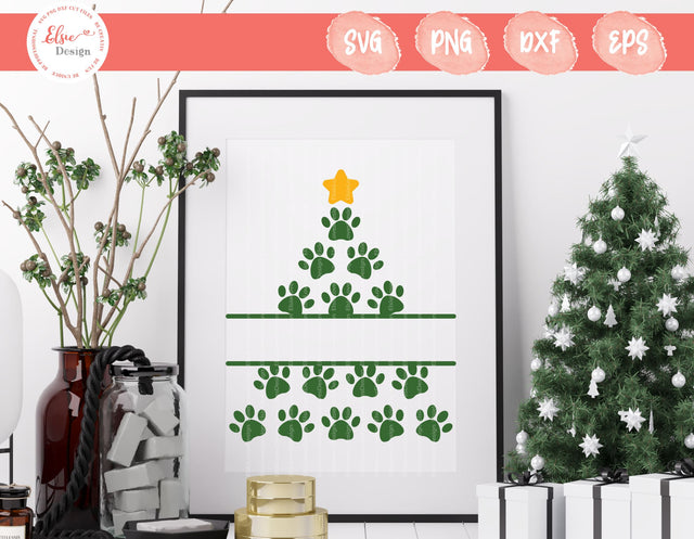 Dog Paws Christmas Tree Monogram - SVG, PNG, DXF, EPS SVG Elsie Loves Design 