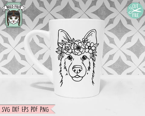 Dog SVG, Dog with Flower Crown SVG, Dog Cut File, German Shepherd SVG, Animal Floral Crown, Dog with Flowers, German Shepherd Cut File SVG Wild Pilot 