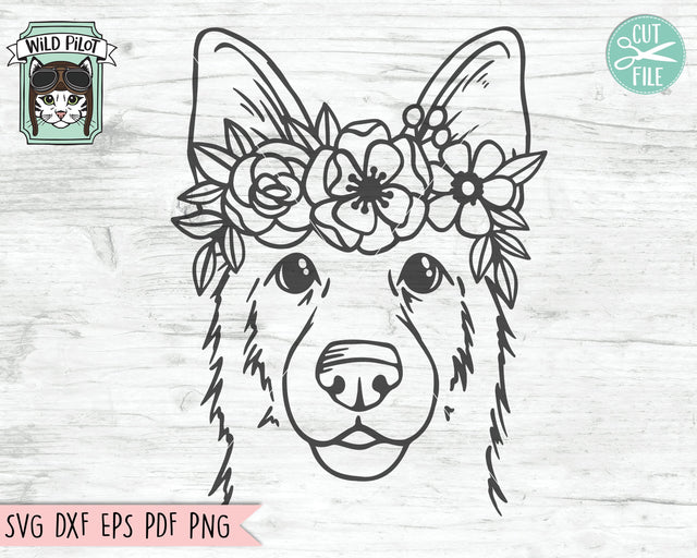 Dog SVG, Dog with Flower Crown SVG, Dog Cut File, German Shepherd SVG, Animal Floral Crown, Dog with Flowers, German Shepherd Cut File SVG Wild Pilot 