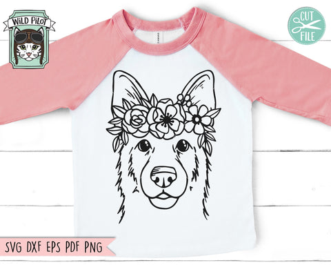 Dog SVG, Dog with Flower Crown SVG, Dog Cut File, German Shepherd SVG, Animal Floral Crown, Dog with Flowers, German Shepherd Cut File SVG Wild Pilot 