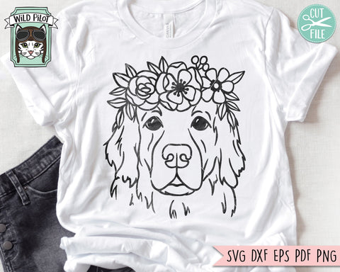 Dog SVG file, Dog Lover SVG, Golden Retriever svg, Animal Face svg, Flower Crown svg, Dog Shirt svg file, Dog Mom png, Puppy svg SVG Wild Pilot 