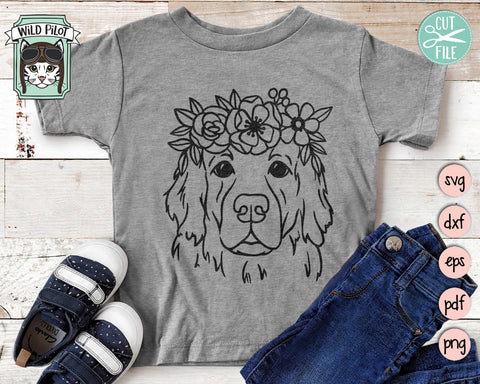 Dog SVG file, Dog Lover SVG, Golden Retriever svg, Animal Face svg, Flower Crown svg, Dog Shirt svg file, Dog Mom png, Puppy svg SVG Wild Pilot 