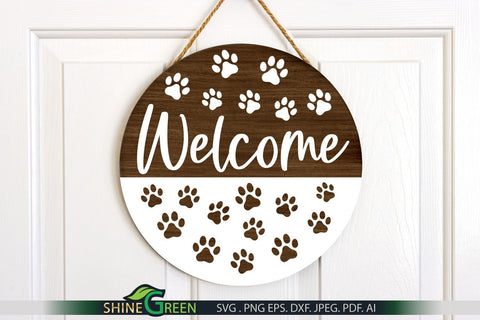 Dog SVG - Welcome Round Sign SVg Cut File For Home, Farmhouse Porch Sign SVG Shine Green Art 