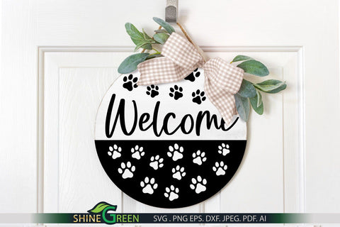 Dog SVG - Welcome Round Sign SVg Cut File For Home, Farmhouse Porch Sign SVG Shine Green Art 