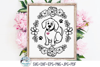 Dog with Oval Flower Frame SVG SVG Wispy Willow Designs 