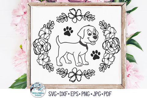 Dog with Oval Flower Frame SVG SVG Wispy Willow Designs 