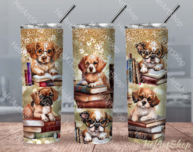 Dogs With Books Tumbler PNG Sublimation, Cute Skinny Tumbler Sublimation _HelArtShop_ 