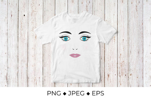 Doll face with blue eyes, eyelashes, eyebrows and pink lips. Cute young woman face. Sublimation LaBelezoka 