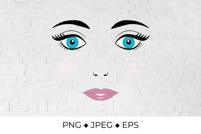 Doll face with blue eyes, eyelashes, eyebrows and pink lips. Cute young woman face. Sublimation LaBelezoka 