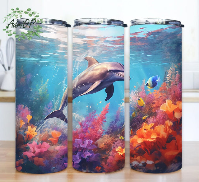 Dolphin 20oz Skinny Tumbler Png, Watercolor Floral Tumbler, Colorful Dolphin Flowers Tumbler, Floral Dolphin Tumbler, Colorful Dolphin Landscape Tumbler Sublimation AdriOP 