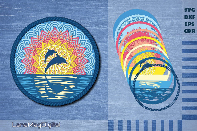Dolphin layered mandala svg, Tropical beach sunrise svg, Ocean waves svg 3D Paper LanaMagDigital 