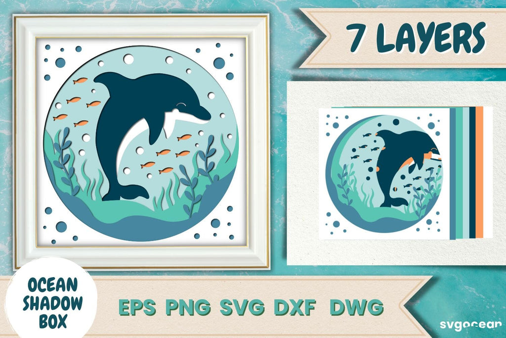 Dolphin Shadow Box | 3D Layered SVG | Lightbox - So Fontsy