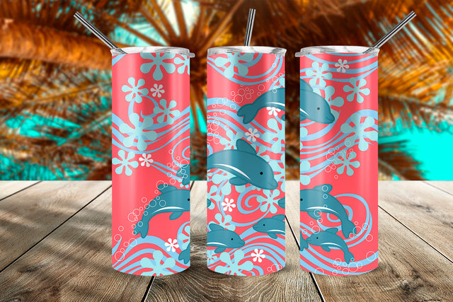 Dolphins At The Bottom Of The Sea 20 oz Skinny Tumbler Wrap Design Pink Sublimation Sublimatiz Designs 