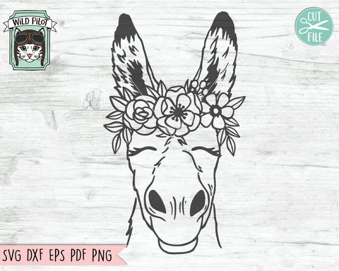 Donkey SVG file, Donkey with Flower Crown SVG, Donkey cut file, Animal Face svg, Floral Crown svg, Donkey with Flowers on Head svg, Farm Animal Floral svg SVG Wild Pilot 