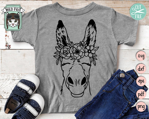 Donkey SVG file, Donkey with Flower Crown SVG, Donkey cut file, Animal Face svg, Floral Crown svg, Donkey with Flowers on Head svg, Farm Animal Floral svg SVG Wild Pilot 