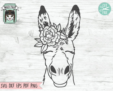 Donkey SVG file, Donkey with Flower Crown SVG, Donkey cut file, Animal Face svg, Floral Crown svg, Donkey with Flowers on Head svg, Farm Animal Floral svg SVG Wild Pilot 