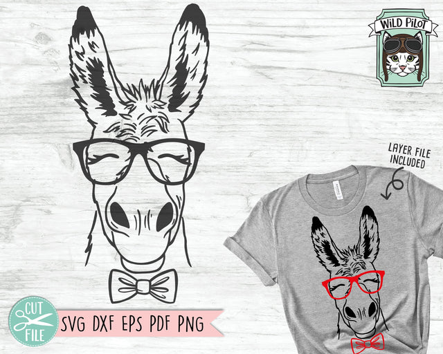 Donkey svg file, Donkey with Glasses Bowtie svg, Donkey cut file, Animal Face, Cute Donkey Face svg, Eyeglasses svg, Farm Animals Glasses svg SVG Wild Pilot 