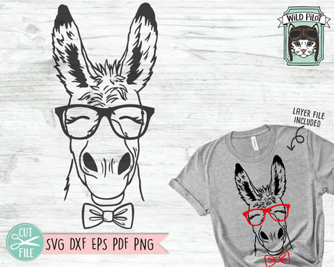 Donkey svg file, Donkey with Glasses Bowtie svg, Donkey cut file, Animal Face, Cute Donkey Face svg, Eyeglasses svg, Farm Animals Glasses svg SVG Wild Pilot 