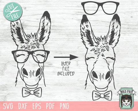 Donkey svg file, Donkey with Glasses Bowtie svg, Donkey cut file, Animal Face, Cute Donkey Face svg, Eyeglasses svg, Farm Animals Glasses svg SVG Wild Pilot 