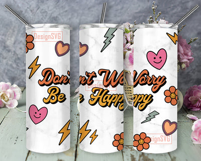 Don't Worry Be Happy Tumbler Png, Retro Tumbler Wrap, Motivational Quote 20oz Skinny Tumbler, Retro Heart Smiley Face Design Png, Be Happy Tumbler Template, Digital Download Sublimation DesignSVG 