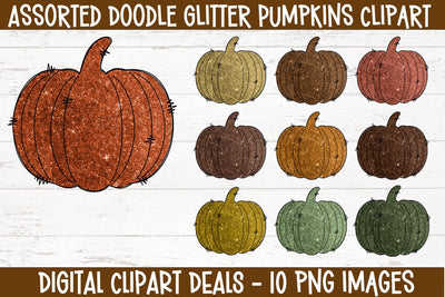 Doodle Glitter Pumpkins Clipart - Set of 10 Autumn Pumpkins in Fall Colors - PNG Format Sublimation Digital Clipart Deals 