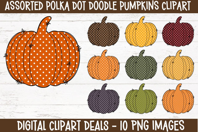 Doodle Polka Dot Pumpkins Clipart - Set of 10 Autumn Pumpkins in Fall Colors - PNG Format Sublimation Digital Clipart Deals 