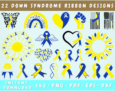 Down Syndrome Awareness Ribbon SVG Bundle, 22 Designs, Down Syndrome Awareness Clipart, Down Syndrome PNG Files For Sublimation, Blue and Yellow Ribbon SVG SVG HappyDesignStudio 