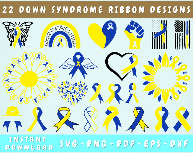 Down Syndrome Awareness Ribbon SVG Bundle, 22 Designs, Down Syndrome Awareness Clipart, Down Syndrome PNG Files For Sublimation, Blue and Yellow Ribbon SVG SVG HappyDesignStudio 