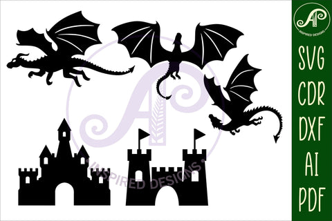 Dragon castle and knight Silhouette laser cut shapes x 10SVG SVG APInspireddesigns 