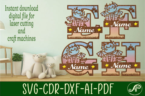 Dragon monogram letter bundle Name signs SVG 3 layer SVG APInspireddesigns 