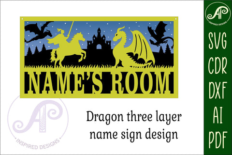Dragon scene name sign SVG 3 layer laser cut SVG APInspireddesigns 